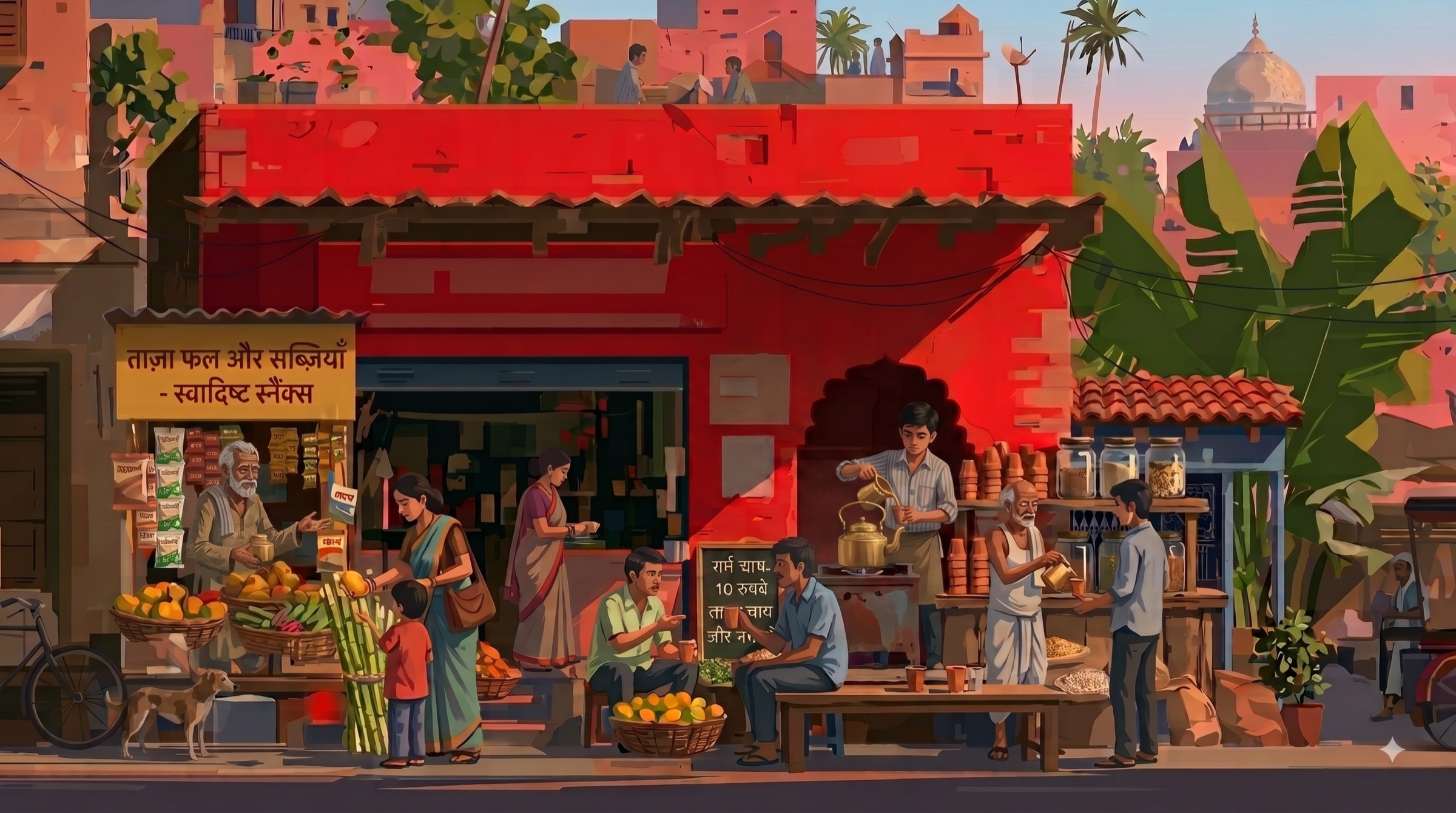 Raju the tapri waiter dashing with a tray of chai while college students hang out at the roadside stall at dusk